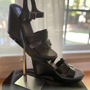 Black, ankle strap, leather wedge sandals